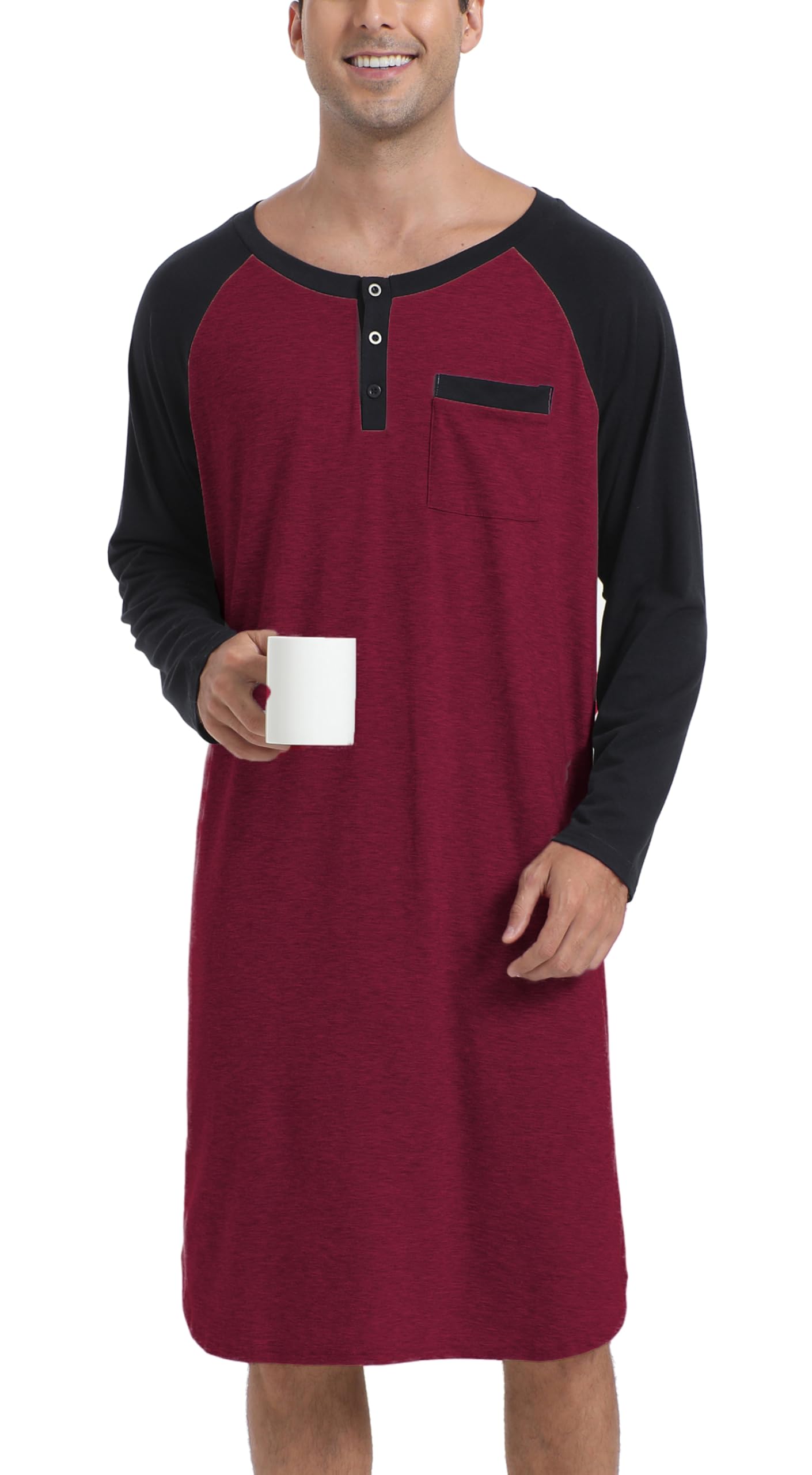 Enjoyoself Chemise de Nuit Homme Hauts de Pyjama Tee-Shirt Longueur Genou Manches Longues Col V avec Boutons Vêtements d'Intérieur Douce Confortable Grande Taille M-4XL