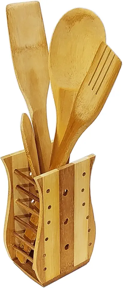 Kit Colher Bambu Culinário Pau Suporte Utensílios Cozinha N…