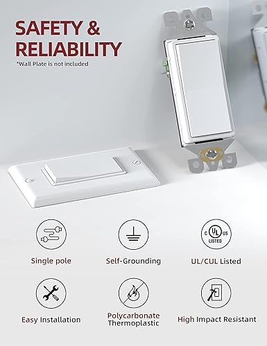 Miniatura 2 de AIDA Interruptor de Luz Decorativo Basculante de Un Solo Polo, Interruptores de Luz Eléctricos con Conexión a Tierra Automática de 15 Amperios,