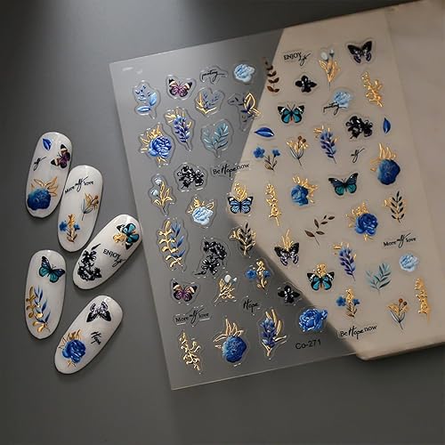 Blue Butterfly Nail Art Stickers 5D Embossed Flower Nail Stickers