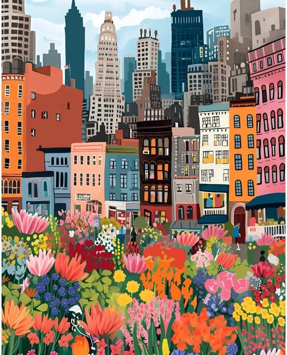 Pink Picasso Paint by Number Kit for Adults – Flower Market Cityscape 16x20 Canvas DIY Painting Kit, Floral Street Scene Wall Art Craft, Relaxing Hobby Gift Idea (New York)