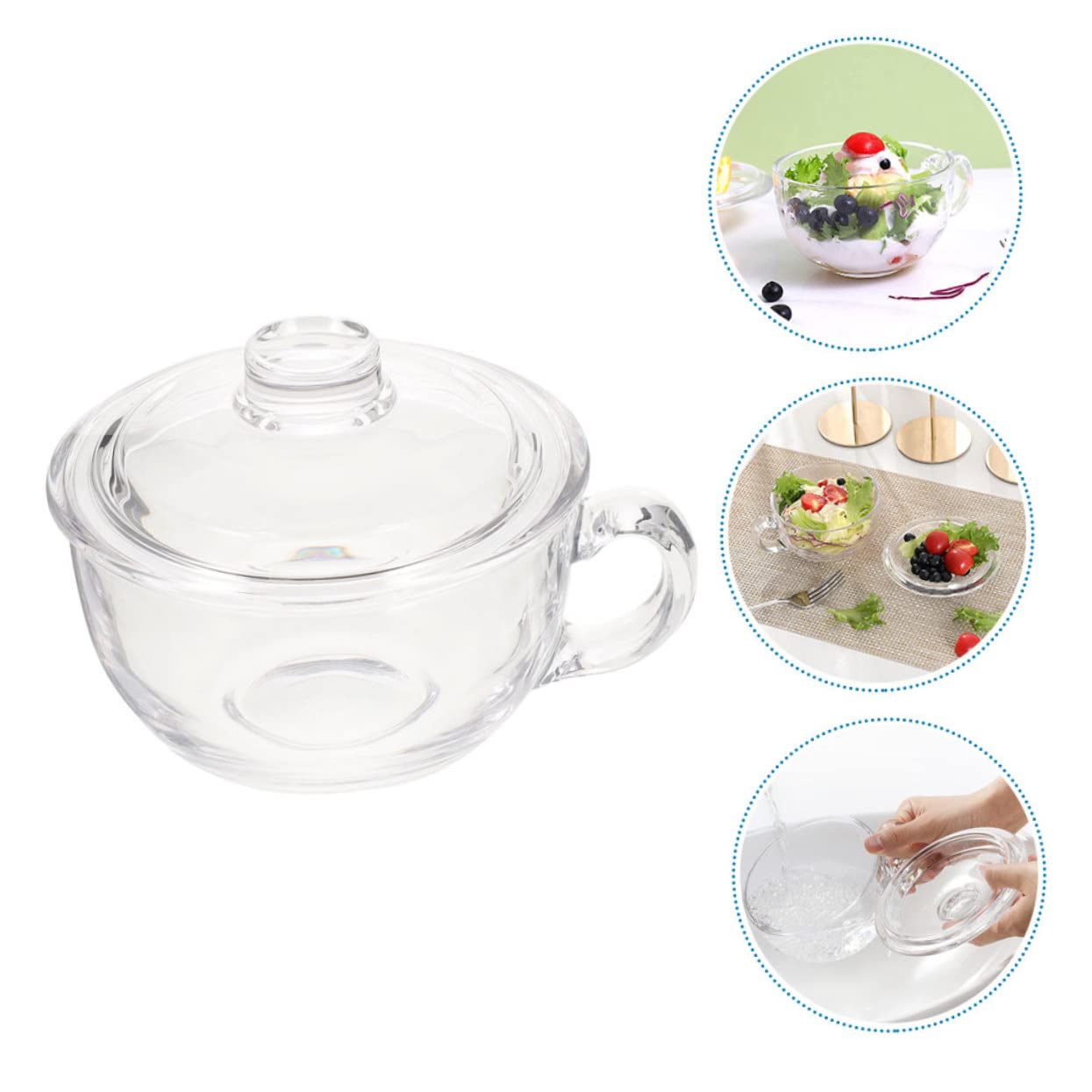 DECHOUS Tazón de Vidrio con Tapa y Asa, 450ml, para Sopa o Desayuno, Mantiene la Comida Limpia, Adecuado para Cocina en Casa