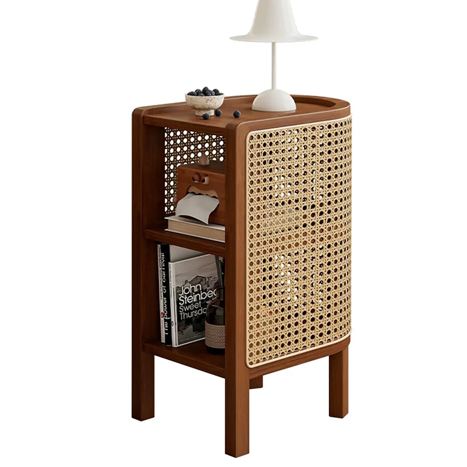 SXZenSpace Rattan Nightstand End Table with Open Shelving, Solid Wood Bedside for Bedroom and Small Spaces(Brown)