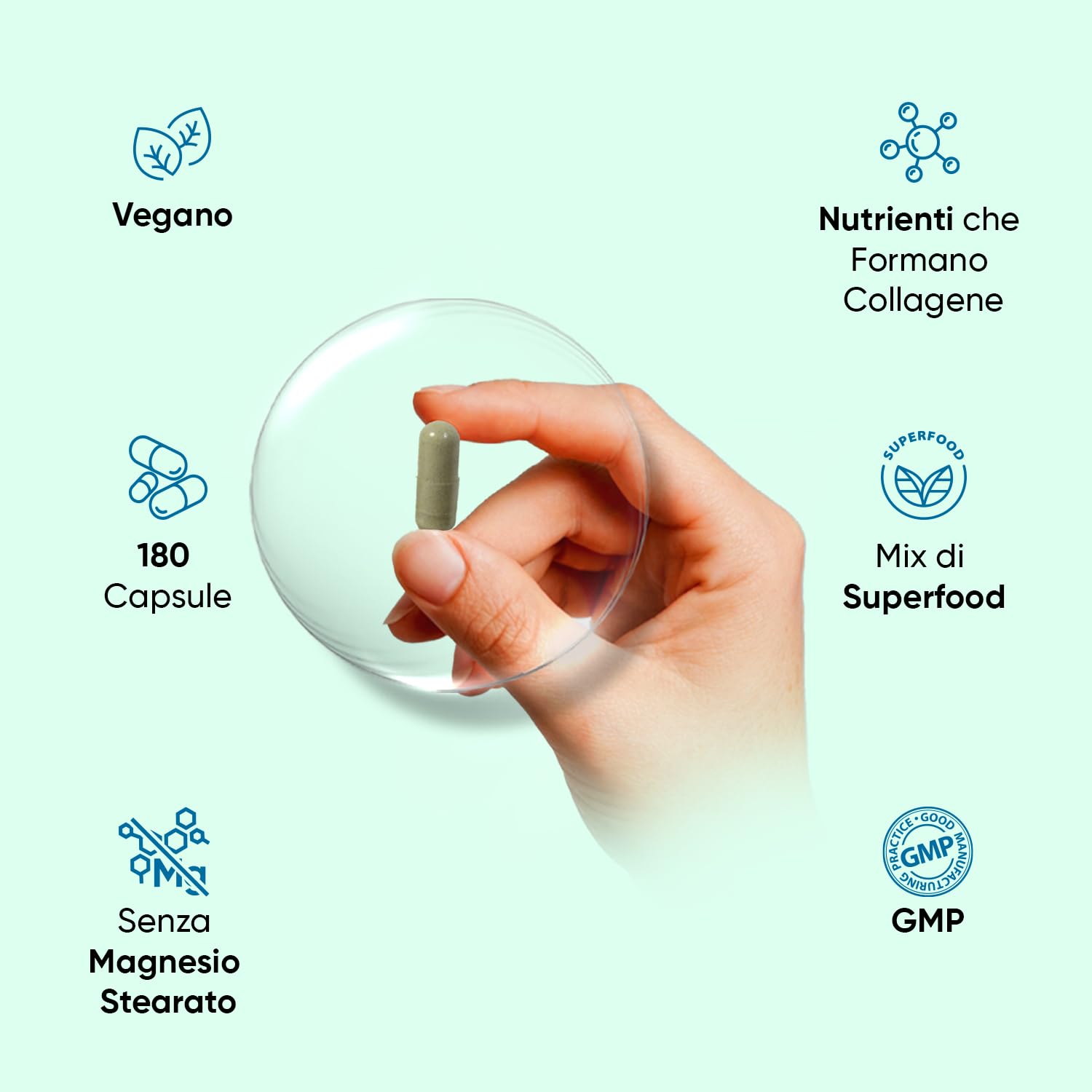 Collagene Vegano con Acido Ialuronico, 180 Capsule, Collagene Complex con Vitamina C, E, Zinco, Resveratrolo, MSM, Rosa Canina, Lactobacillus Acidophilus (500 Milioni di CFU), Senza Magnesio Stearato