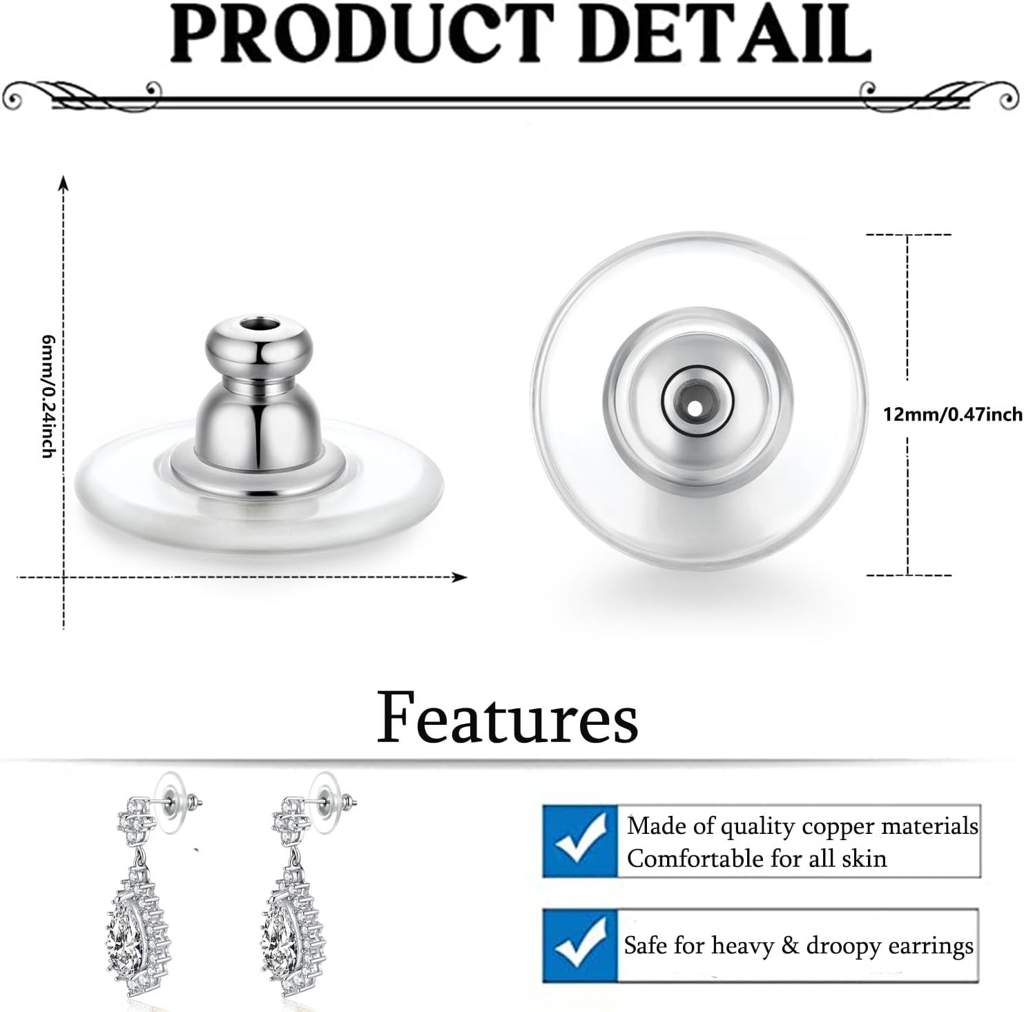 Big Earring Backs Replacement, 12mm Transparency Bullet Shape Locking Earring Backs for Heavy/Droopy Ears, Big Earrings Lifters Backers for Studs, White Gold - Image 3