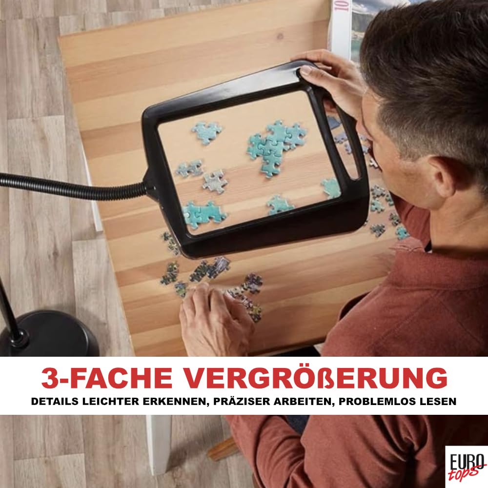 EUROtops Lupa LED maxi con soporte, aumento de 3 veces, campo de visión XXL, ayuda de lectura flexible con iluminación LED, altura ajustable hasta 160 cm, ideal para lectura y manualidades