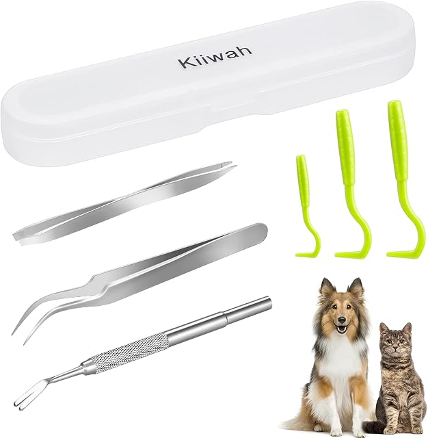 Kiiwah 6pcs Tick Remover for Humans Pets, Tick Removal Tool Set with Storage Box, Stainless Steel Tick Tweezers and Plastic Tick Hook for Men, Dogs, Cats