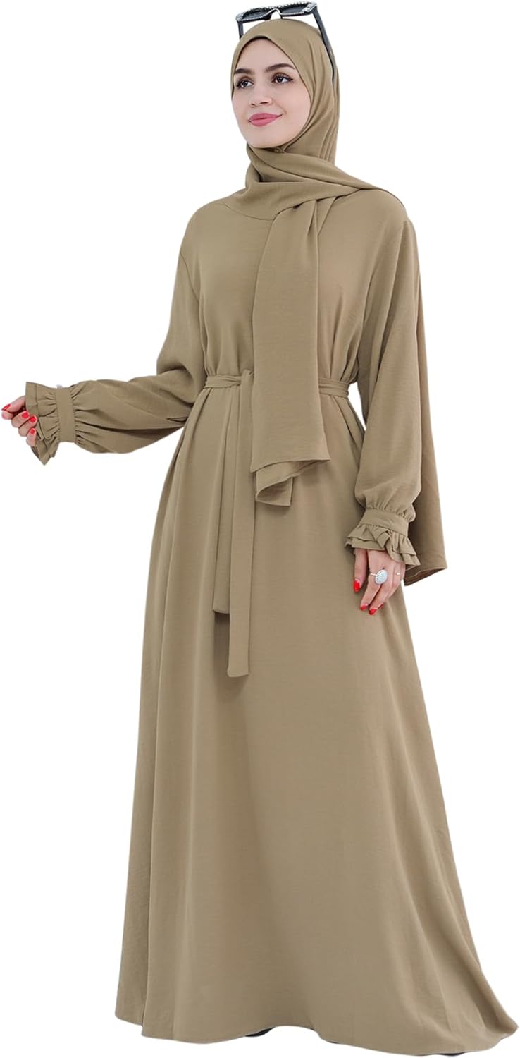 Women Muslim Dress Middle East Arabian Robe Islamic Modest Dress with Hijab Scarf Lace Sleeve Flowy Abaya Dress - Image 4