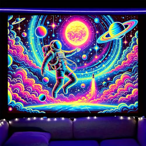Image of Nuxovilar Astronaut Spacewalk Wall Tapestry Polyester 78.74x59.05 In | Glow Poster Trippy Wall Art Space Decor UV Backdrop Living Room Bedroom Lounge Space Room (Astronaut Spacewalk)