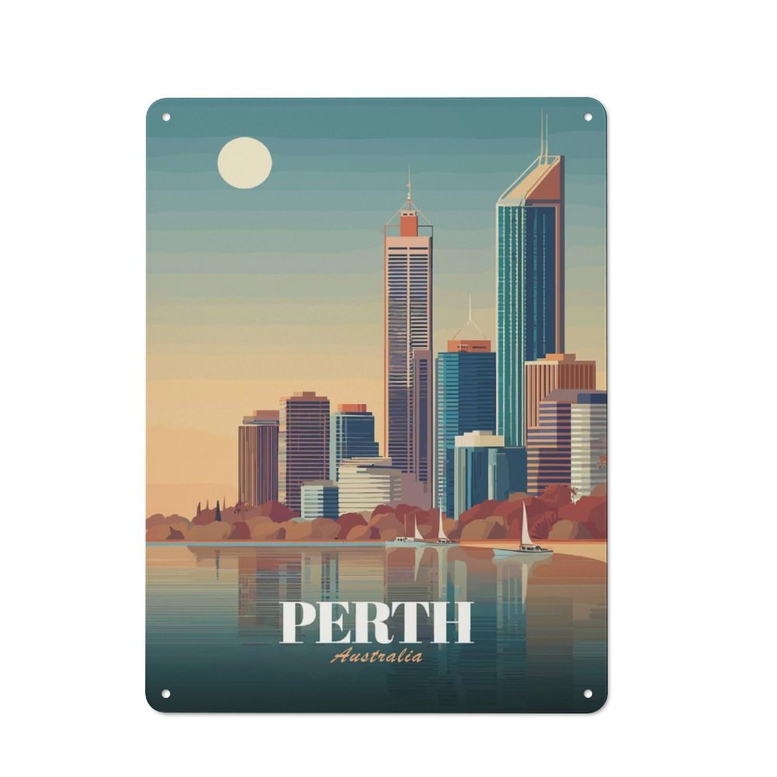 Metal Gift Sign with Perth Australia Skyline Design 40x30cm, Character Room Wall Plaque for Flat, Dorm Room, Lounge Or Cafe