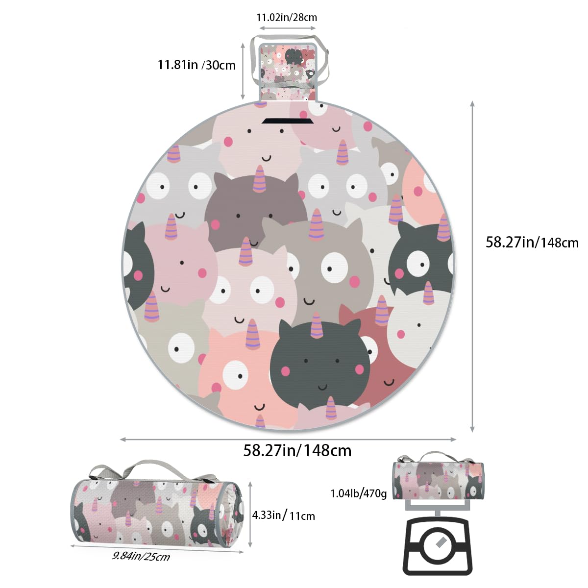 Shimoshe Cute Unicorn Picnic Outdoor Blanket Foldable Waterproof Sandproof Beach Blanket Portable Water-Resistant Round Picnic Mat for Travel Camping Park Lawn