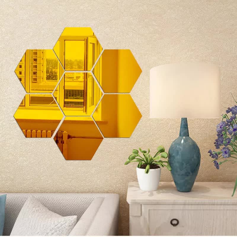 DSticker 7 Hexagon Mirror Gold Wall Stickers for Wall Size (10.5x12.1) Cm Acrylic Mirror for Wall Stickers for Bedroom | Bathroom | Kitchen | Living Room Decoration Items (D-7HexaGold)
