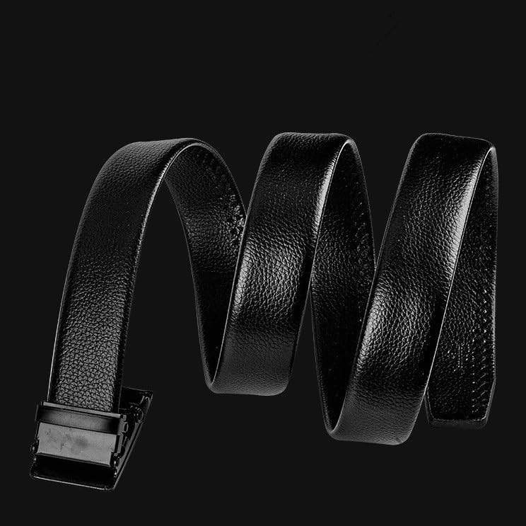 Image of Men's Black Leather Formal Belt, Automatic Grip Buckle, Adjustable Waist Strap, Free Size