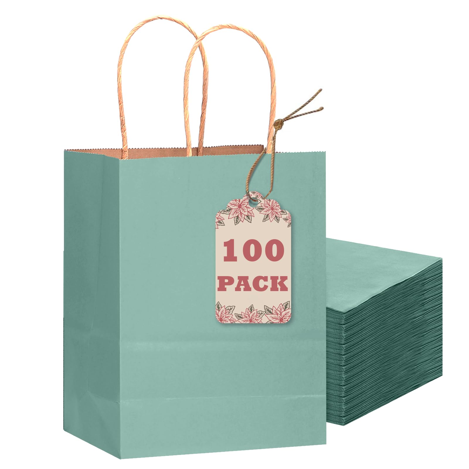 qiqee 100PCS Gift Bag with Handles Bulk Kraft Light Blue Paper Bags Multiple Uses (8.3"x3"x6"inch Small Size)