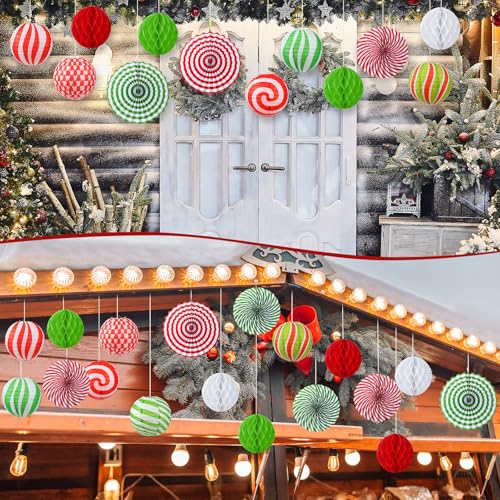 Image of Retisee 18 Pcs Christmas Hanging Paper Lanterns Party Decorations Candy Canes Peppermint Paper Fans Xmas Hanging Honeycomb Ball Lanterns Ornaments for Christmas Winter Party Holiday Ceilings Decor