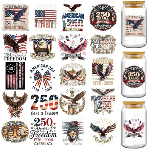 UV DTF Cup Wraps - 20 Sheets USA 250th Cold Transfer Stickers for Glass Cups, Eagle Bow Waterproof Decals for DIY Tumbler 16 oz Water Bottle Coffee Mug Bumper Crafts Gift