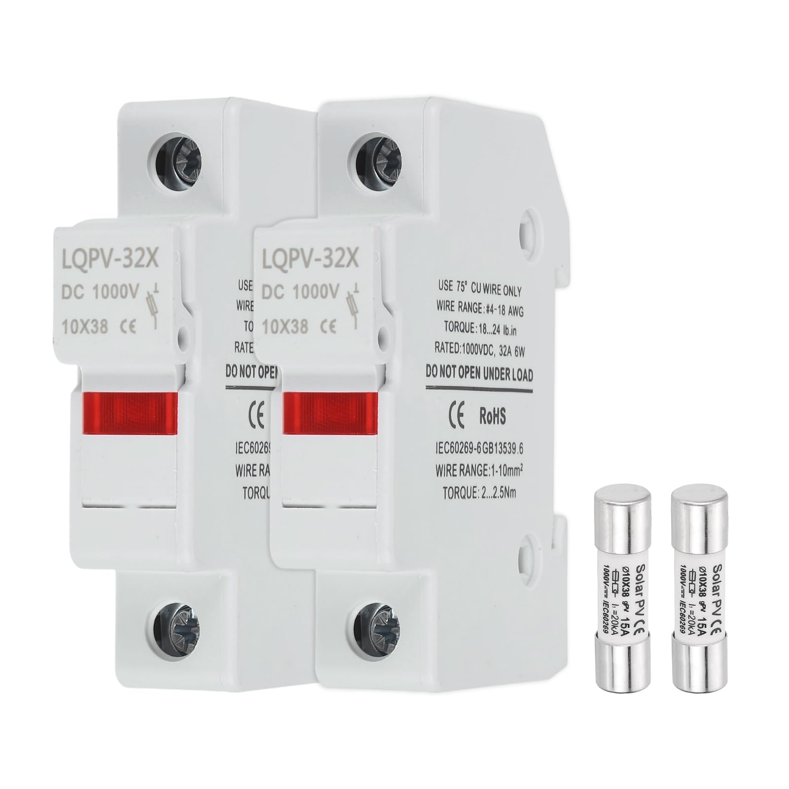 sourcing map Din Rail Fuse Holder with 1 Core Block,10x38mm 4-18AWG Single Pole Solar/Photovoltaic Fuse Holder DC 1000V 15A with Light Indicate for Solar PV Systems Battery Protect,Pack of 2