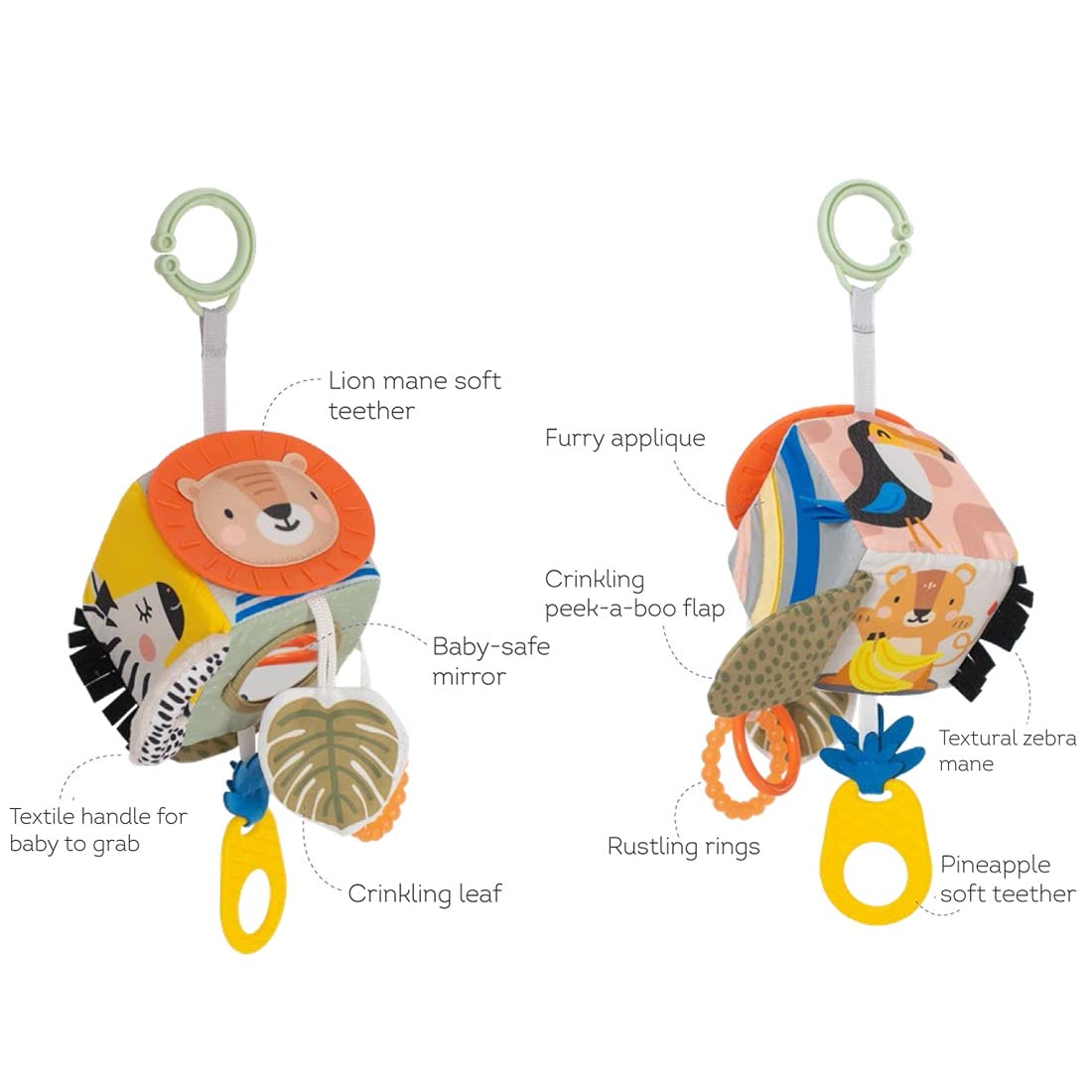 Taf Toys Savannah Discovery Cube Sensory Baby Hanging Toy. Includes Teether, Baby Safe Mirror, Padded Handle, Chime Bell. Clips on Cot, Pram or Car Seat. Suitable for Boys & Girls 0 month +