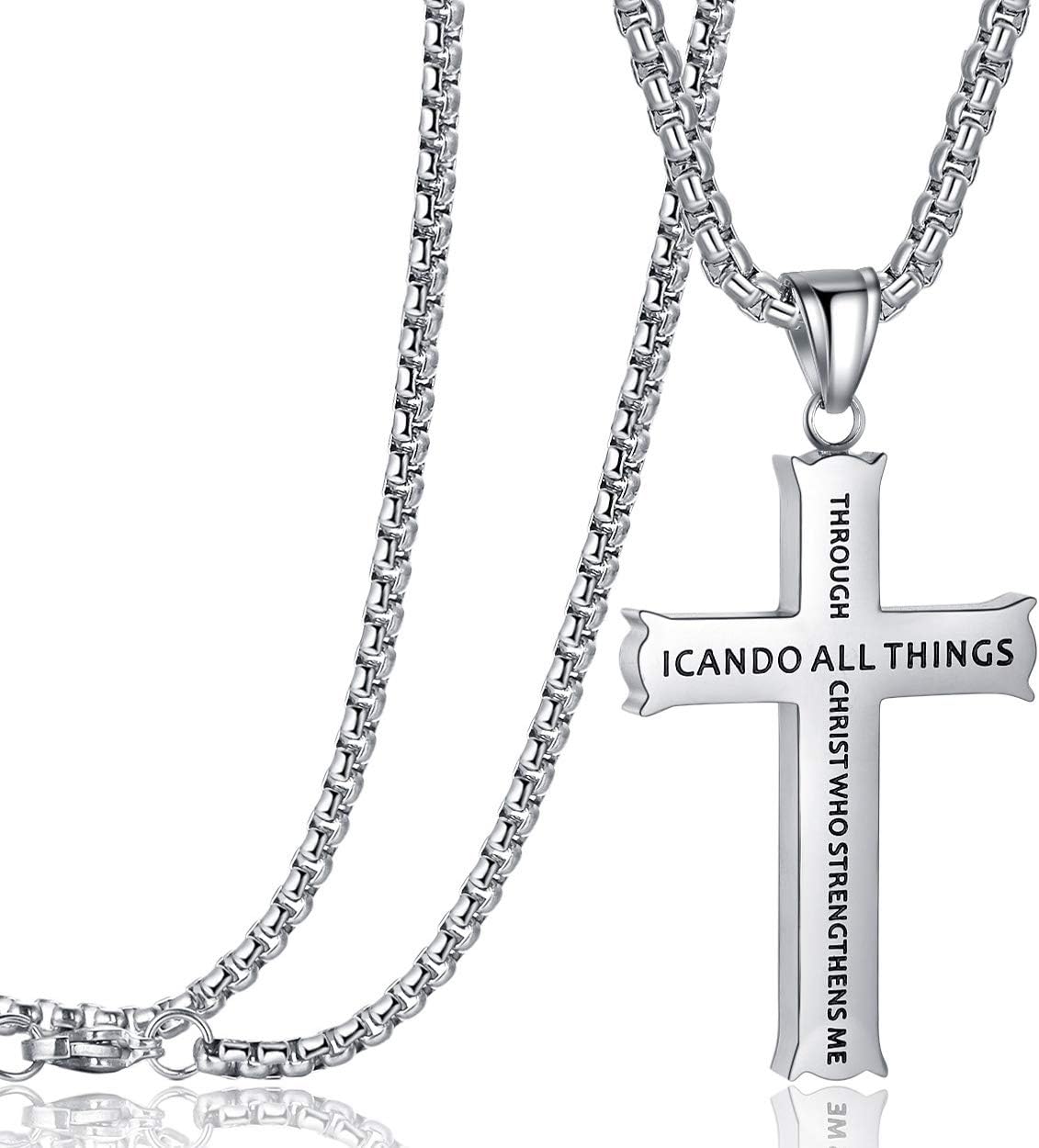 Rehoboth Bible Verse Cross Pendant Necklaces for Men Women Philippians 4:13 Strength Bible Verse I CAN DO All Things Stainless Steel 24 Inch Chain