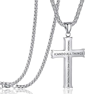 Bible Verse Cross Pendant Necklaces for Girls Boys Men Women Philippians 4:13 Strength Bible Verse I CAN DO All Things Stainless Steel 24 Inch Chain