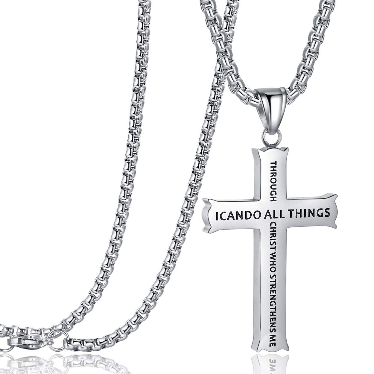 RehobothBible Verse Cross Pendant Necklaces for Men Women Philippians 4:13 Strength Bible Verse I CAN DO All Things Stainless Steel 24 Inch Chain