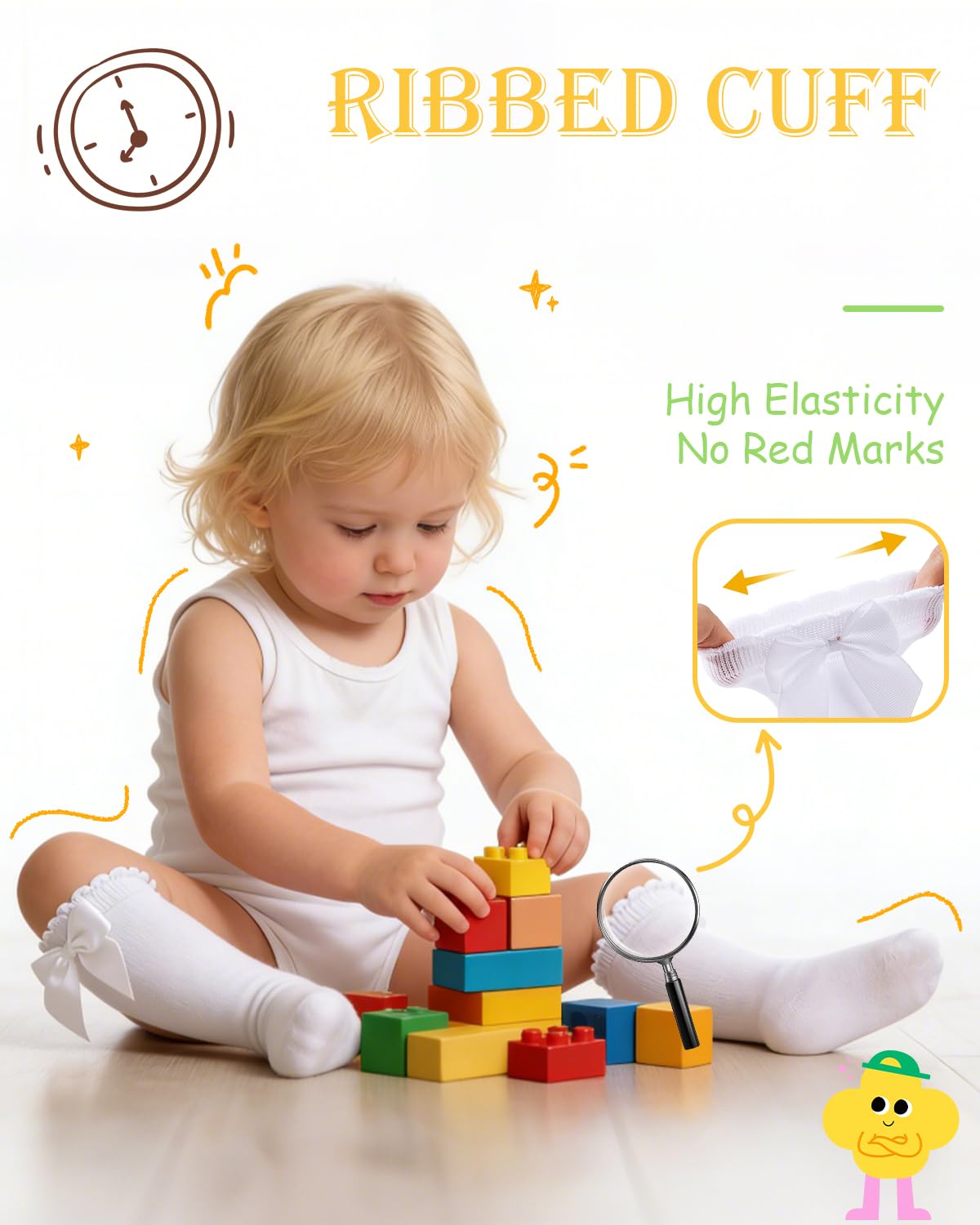 Century Star Baby Knee High Socks Ruffle Bow Toddler Girls 0-3T, 1pc White, 6-18 Months 1
