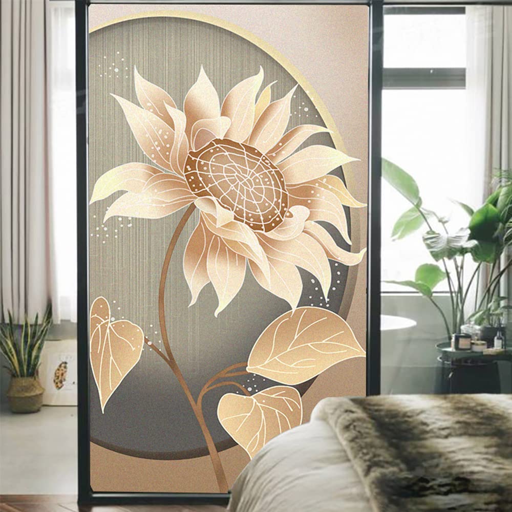 Golden Sunflower Privacy Window Film Stained Glass Static Cling Window Treatments Window Coverings Glass Sticker Decorative Film for Siding Glass Door Home Decor 15.7"x23.6"(40x60cm)