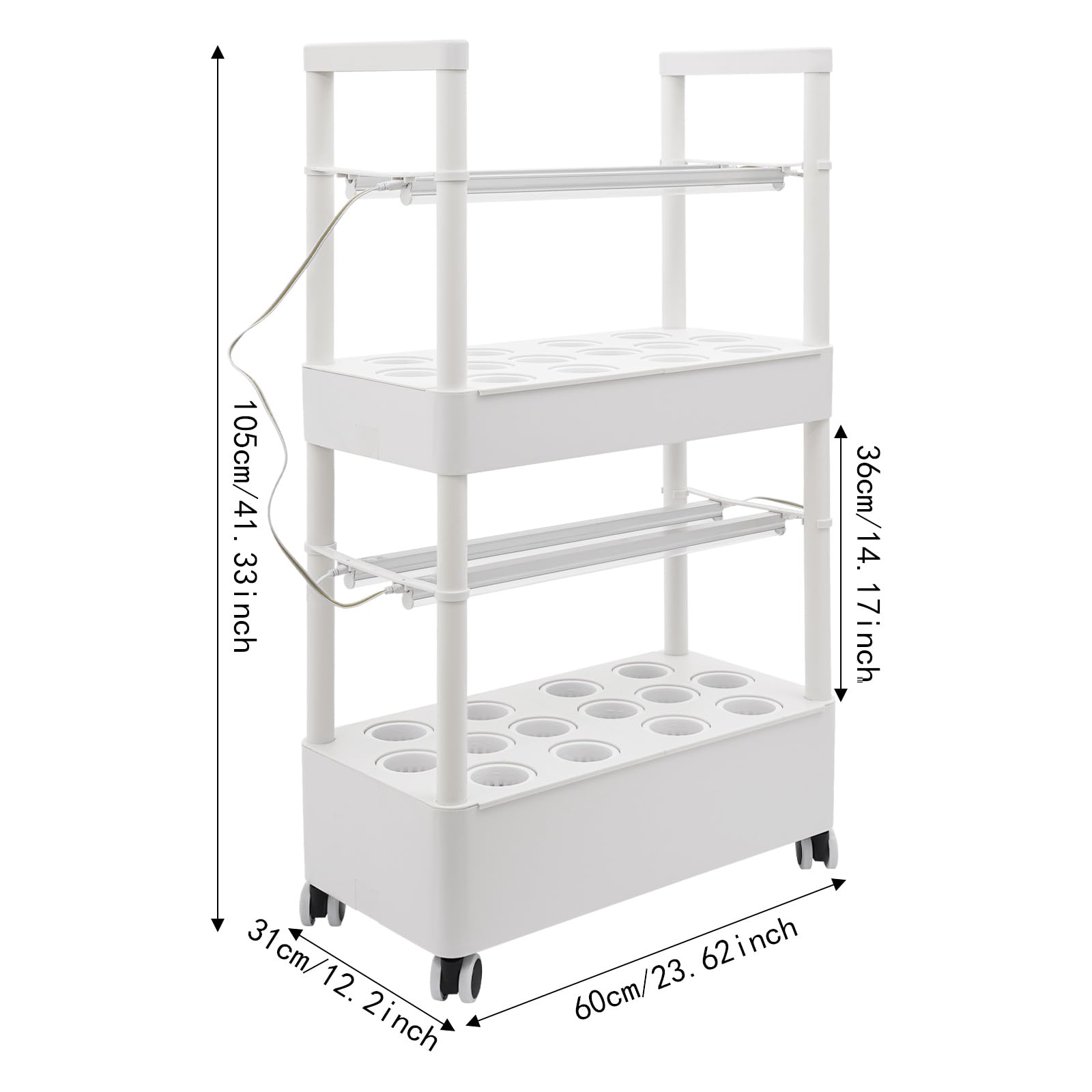 System uprawy hydroponiki, 2 poziomy, zestaw do ogrodu ziołowego, do użytku wewnątrz z 28 otworami i 4 lampami LED do uprawy roślin, system uprawy hydroponiki z PCW, z hamulcami, do kuchni i salonu