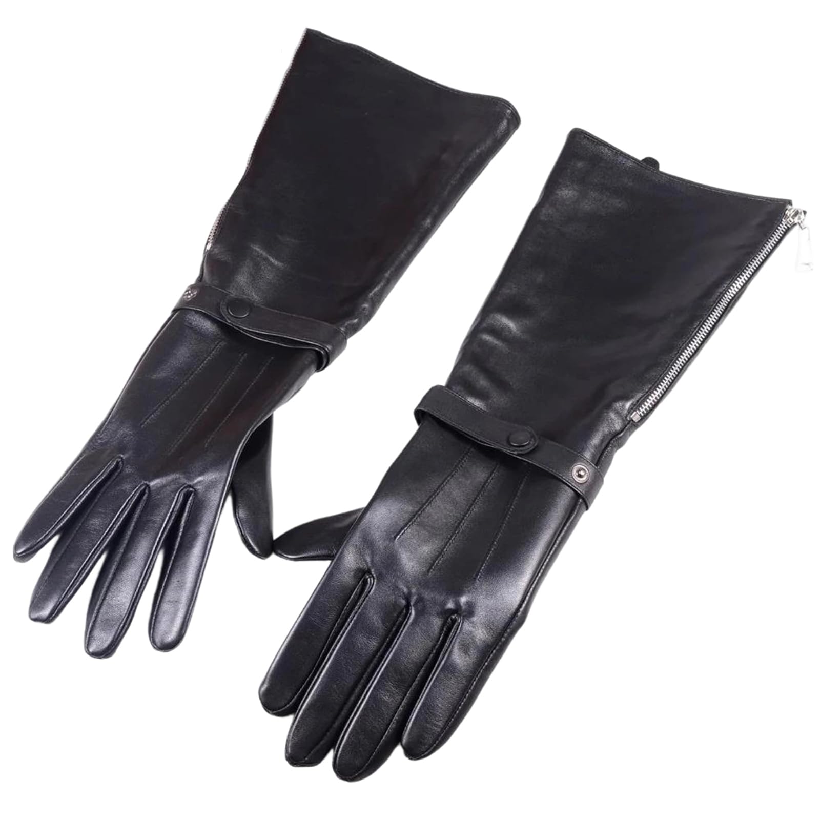 Guantes largos de piel de oveja auténtica negra para hombre, longitud al codo, con cremallera, guantes de caballero medieval para cosplay
