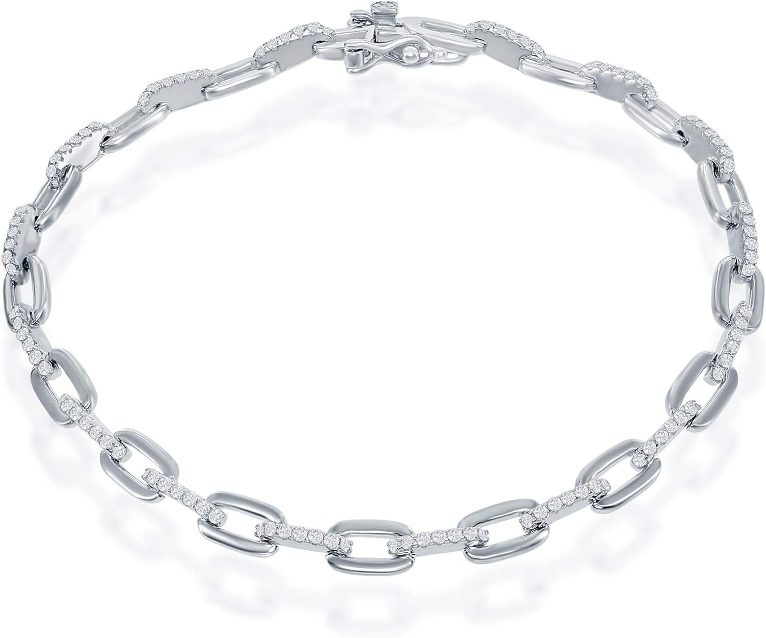Elegant Paperclip Clear CZ Linked Chain Sterling Silver Bracelet 7''