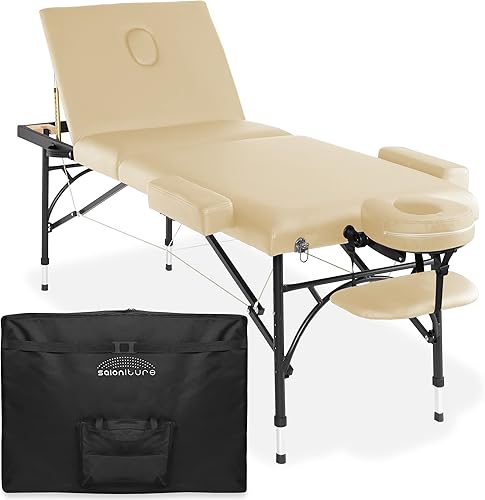 Miniatura 11 de Saloniture Mesa de masaje profesional portátil ligera de tres pliegues con patas de aluminio, incluye reposacabezas, soporte facial, reposabrazos