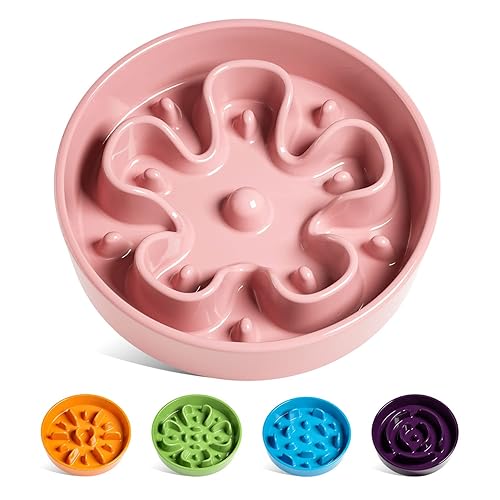 LE TAUCI Dog Bowls Slow Feeder Ceramic, 1.5 Cups Slow Eater Bowl for Dogs, Puppy Slow Feeder Bowl for Fast Eaters, Dog Dishes to Slow Down Eating, Puzzle Dog Food Bowl, Pink Bloom - Pink Bloom - Bloom