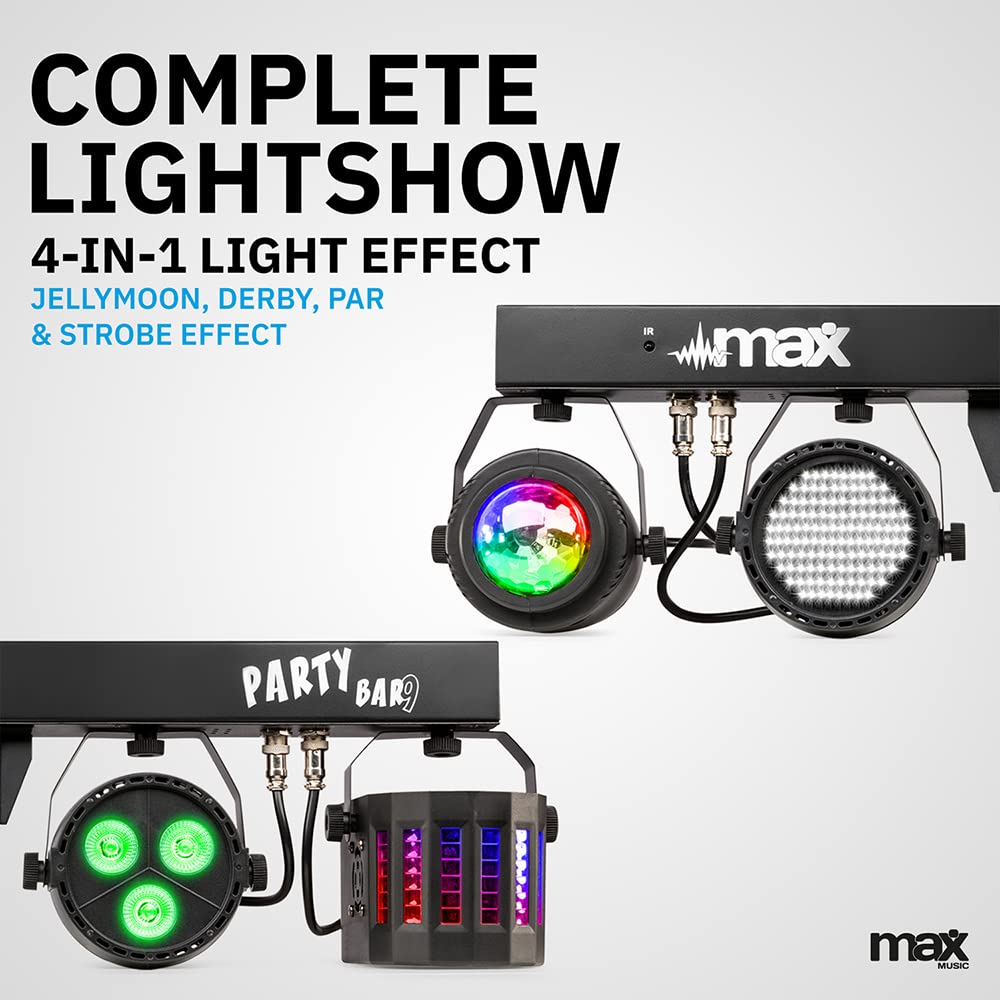 MAX Partybar09: Set di luci LED per feste con barra a T e supporto, 4 effetti di luce, RGBW Color Mixing, DMX 3 o 15 canali, controllo del suono con sensibilità regolabile
