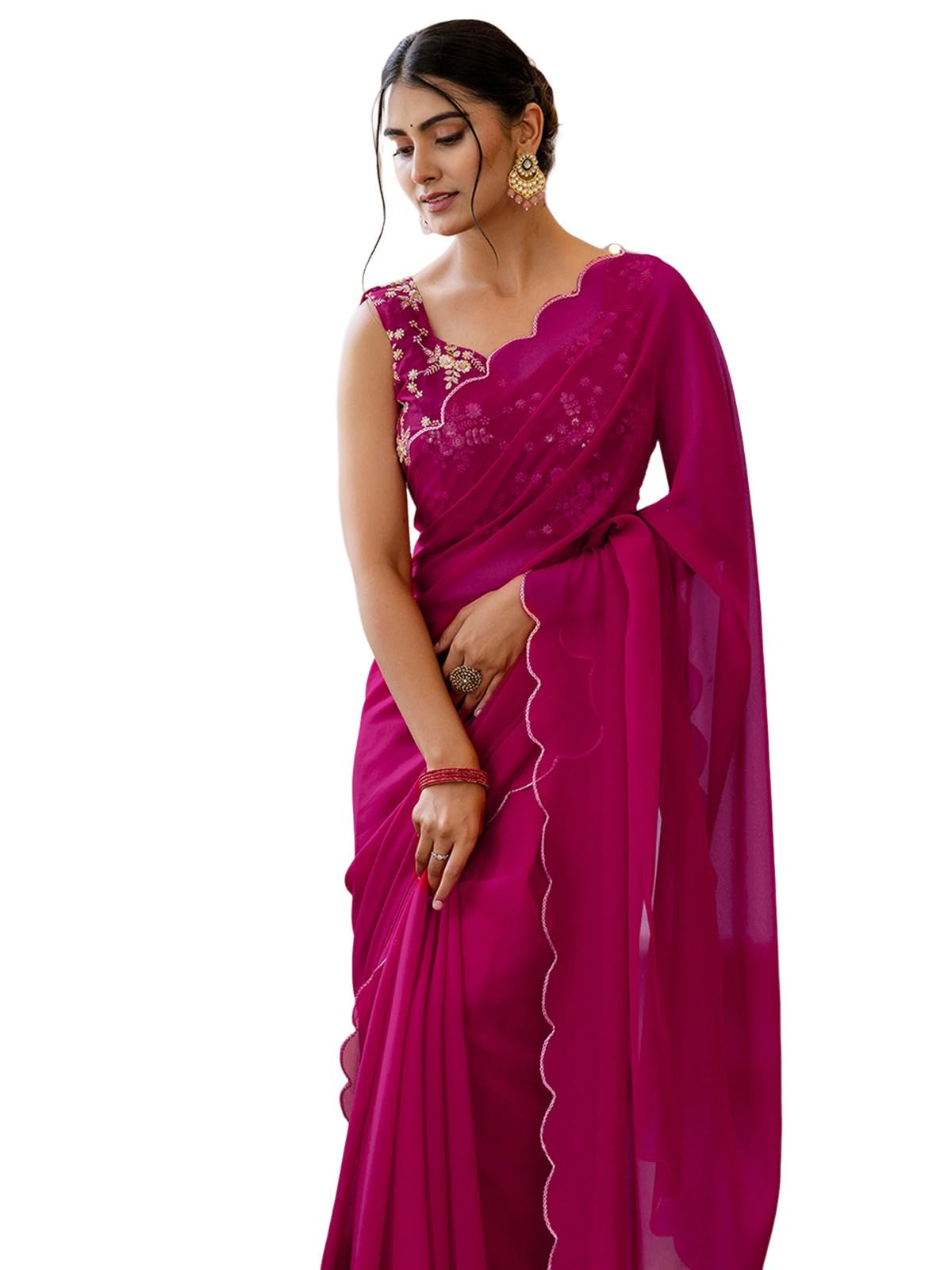 satrani Women'S Georgette Dyed Scalloped Border Saree With Unstitched Blouse Piece-picture-25