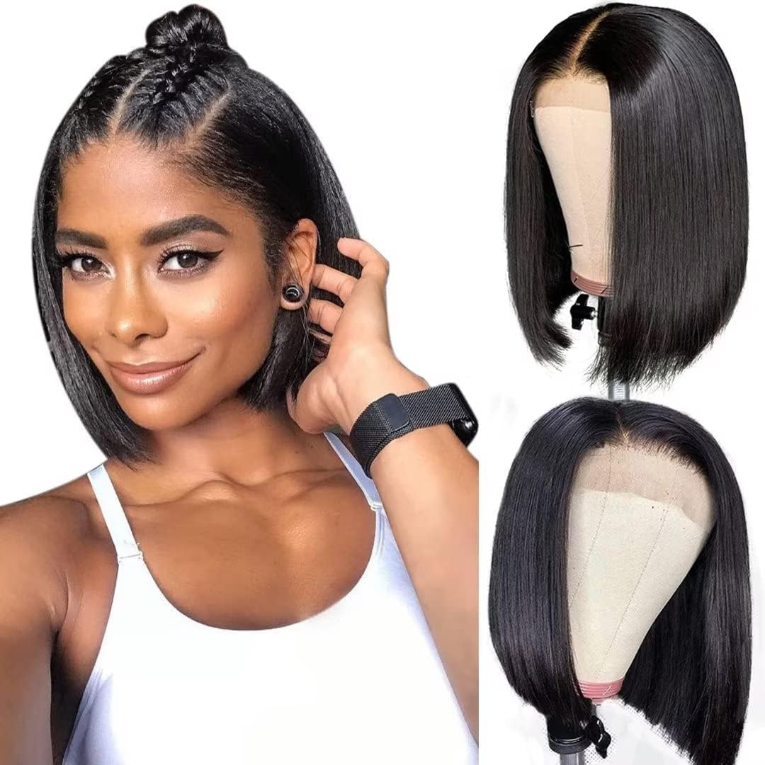 4X4 Bob Human Hair Wig 100% Echthaar Perücke Straight Lace Front Wigs Glueless Wig Human Hair Perücke Damen Echthaar for Black Women 180% Density 10 Zoll (26cm)