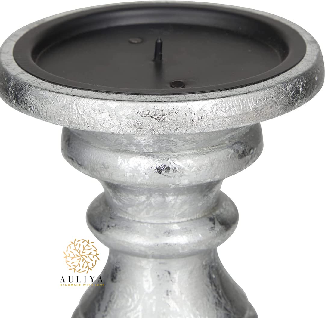 AULIYA Wooden Candle Holders Pillar Candles Holder Rustic Wood Stand Decorative Polish Candlestick Set of 3 for Home Decor - 6" 8" 10" Silver