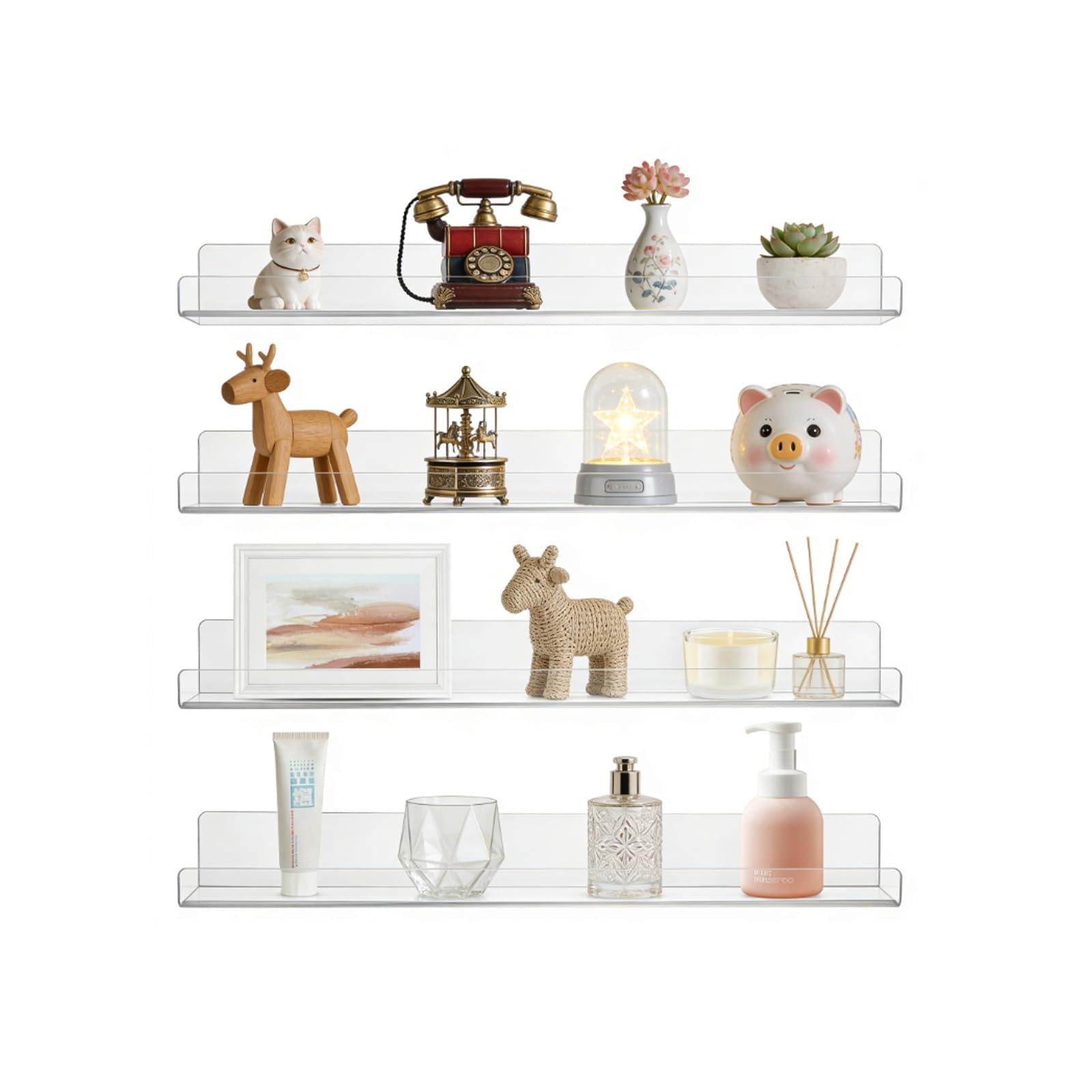 ZYNERY Floating Shelves for Wall Mounted Clear Set of 4, Floating Shelves with Strorage Brackets for Room Decor 38CM, Acrylic Display wall shelves for Living Room Bedroom Kitchen