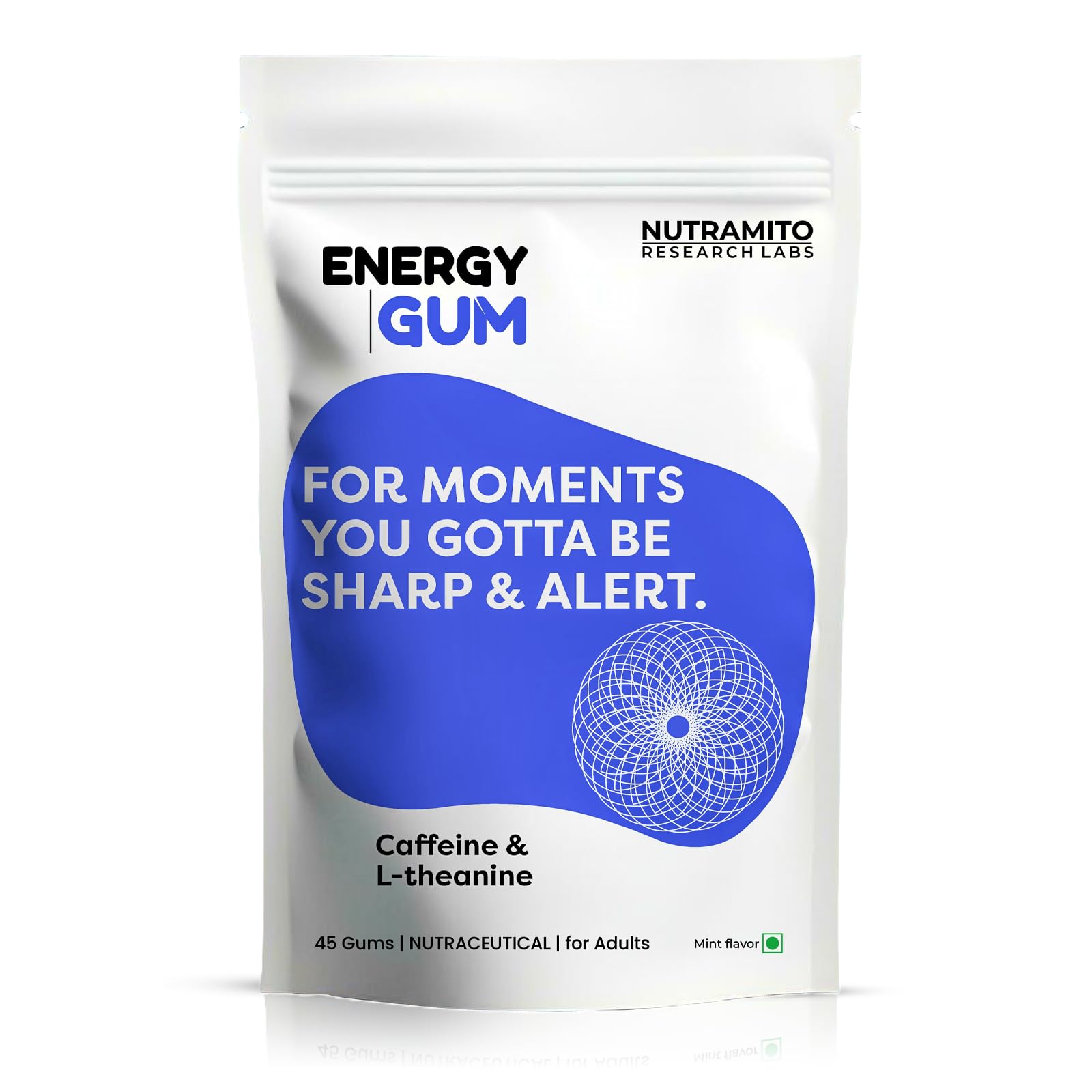 Energy Caffeine Gums (45 Gums) - L-theanine + Natural Caffeine - Energy & Focus Supplement for Women & Men - Mint Flavor | 45 Gums | Contains Caffeine 60mg & L-theanine 40 mg