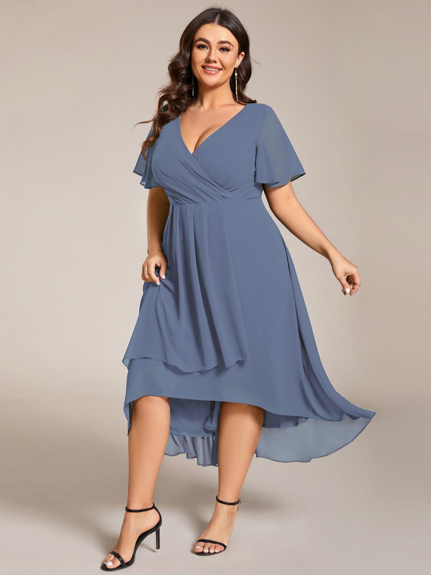 Ever-Pretty Abito da Ospite Scollo A V Maniche A Volant Gonna A Trapezio Abiti Cerimonia Donna Eleganti EG02084