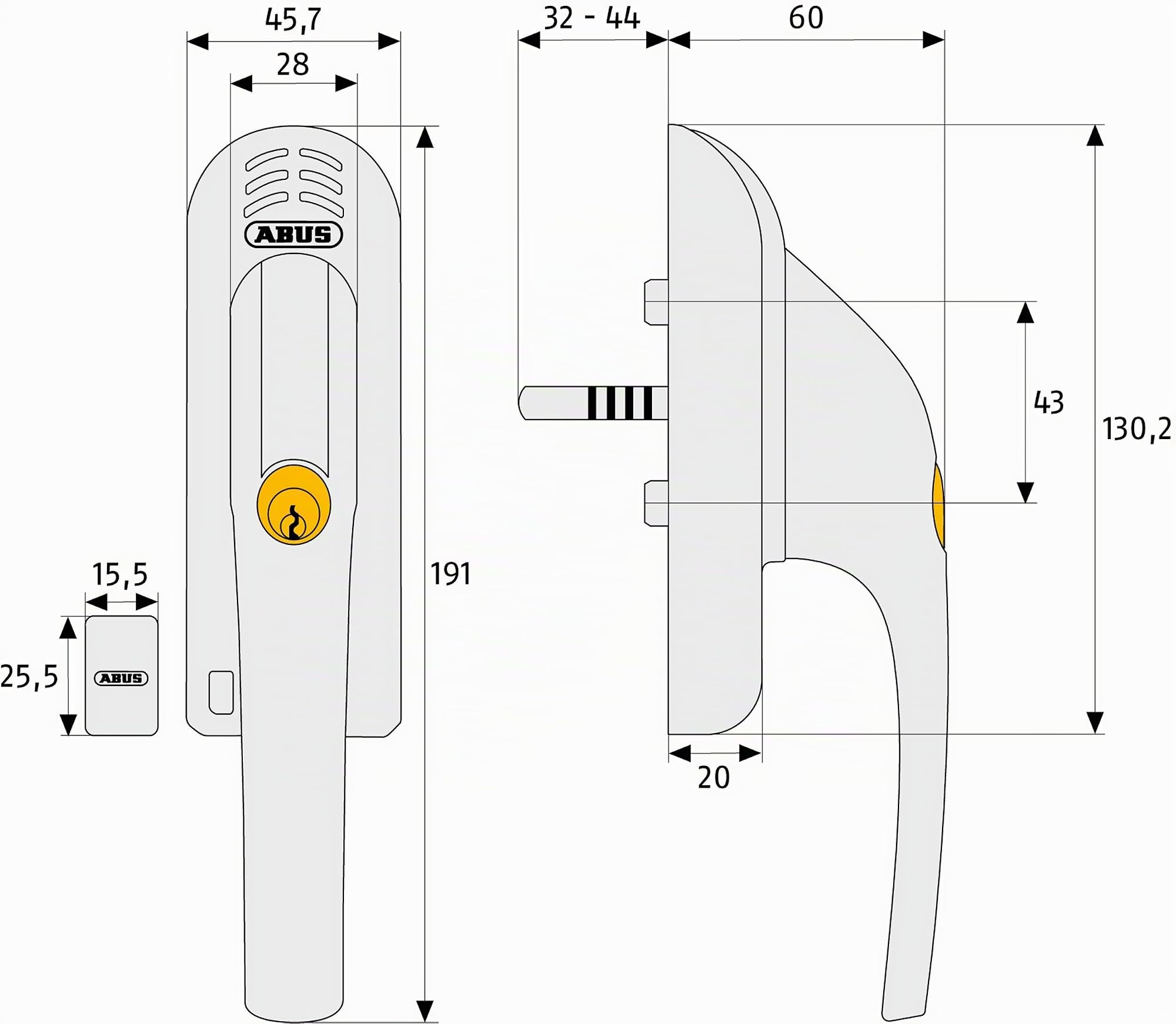 ABUS Poignée de Fenêtre Verrouillable FG300A - Verrou de Fenêtre avec Cylindre Pression et Alarme, Verrouillage Différent - Niveau de Sécurité 7 - 56802 - Blanc