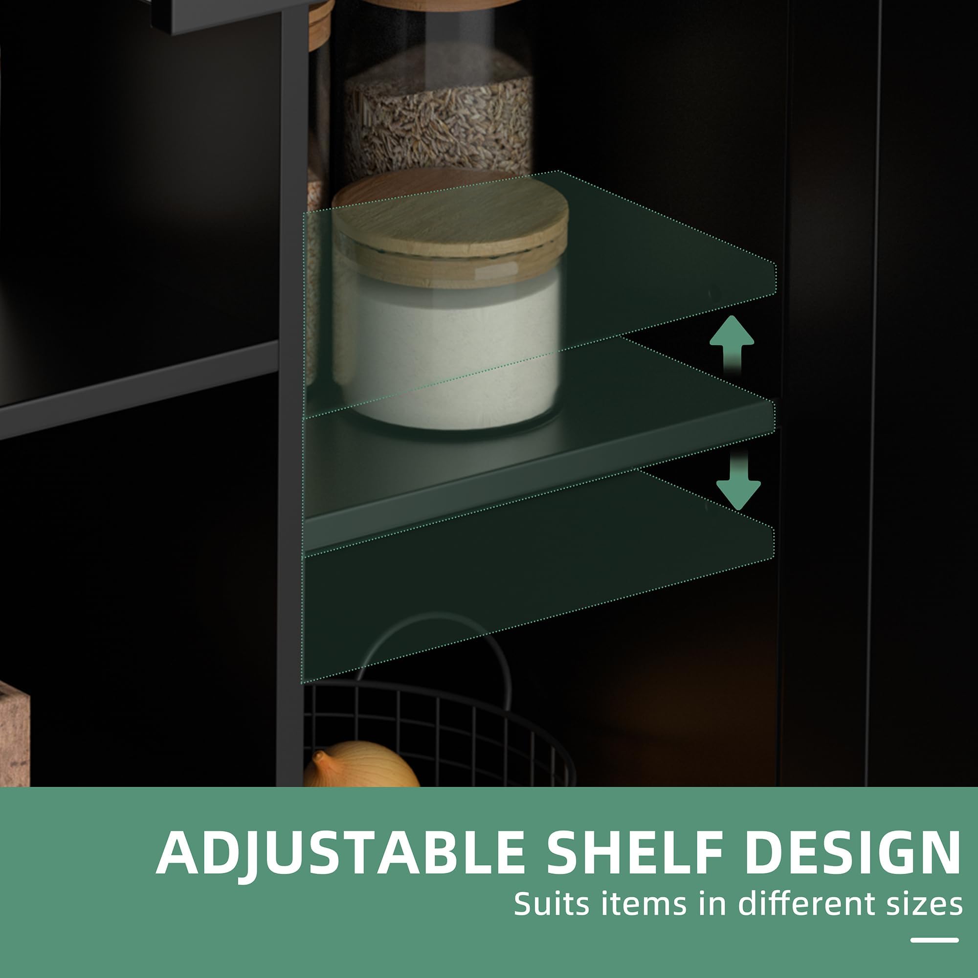 Shintenchi Kitchen Island with Storage, Kitchen Island Cart on Wheels with 3 Open Shelves, 2 Drawers and 2 Cabinets, Rolling Kitchen Table with Large Countertop, Black