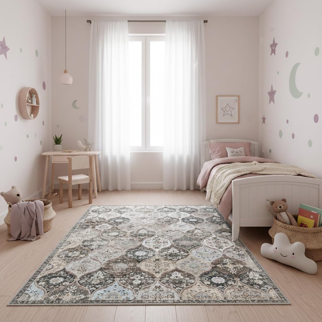 Enkor Tapis boho, lavable, doux, antidérapant, style persan rétro, pour salon, chambre à coucher, cuisine, couloir, gris, 200 x 300 cm
