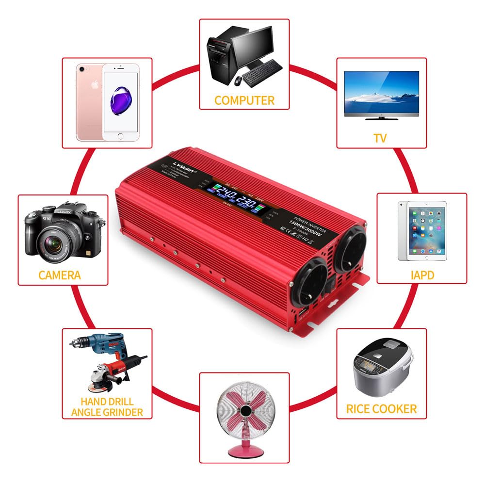 LVYUAN Przetwornica 24 V 220 V 1500 W/3000 W Przetwornica napięcia z wyświetlaczem LCD, 2 gniazdami UE, USB 5 V i gniazdem zapalniczki samochodowej