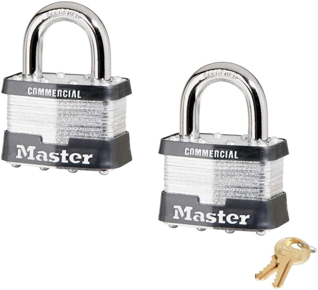 Master Lock Padlock - 2" W Body x 1" L Shackle, Four (4) Keyed Alike Locks w/8 Keys, 5 NKA-4 w/Bump Stop Technology