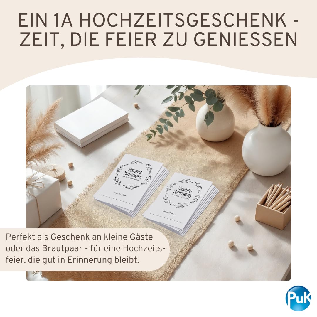 PuK Hochzeits-Mitmachspaß | Kinder-Beschäftigung Hochzeit Set | Malbuch & Rätselbuch für kleine Gäste | 6 oder 12 Hefte | Optional mit Buntstiften | Gastgeschenk Hochzeit Kinder (12, ohne Buntstifte)