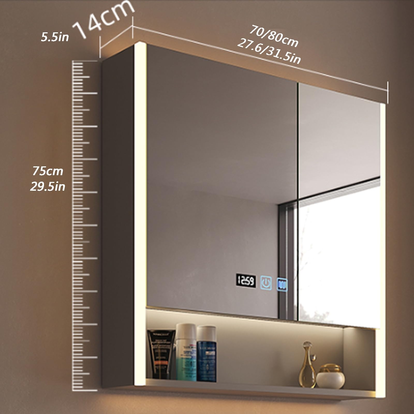 Armario espejo baño led Espejo Antivaho de Maquillaje Inteligente espejo baño con almacenaje y luz armario baÃo pared estrecho con Interruptor Táctil visualización de la hora control tactil ( Size : 8