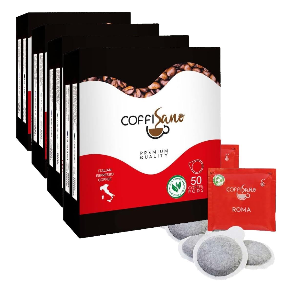COFFISANO 50 Cialde Caffè in Filtro Carta Compostabile ESE 44 mm Miscela Roma, Bustine Espresso Italiano Monodose – Gusto Cremoso ed Equilibrato (Confezione da 4)