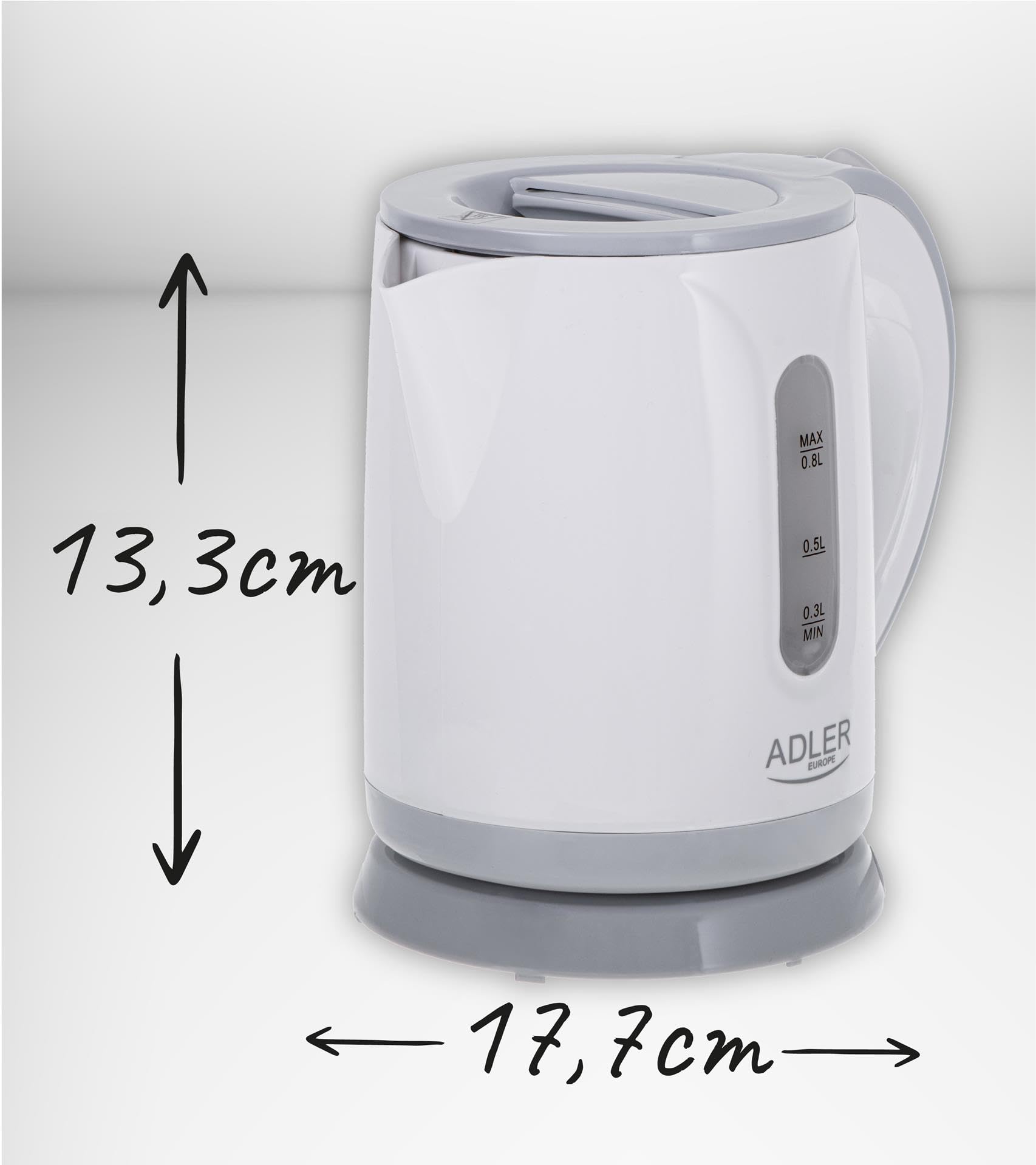 Adler AD 1371g Czajnik Elektryczny, 0.8L, Filtr Antywapienny, Obrotowa Podstawa 360°, 850W