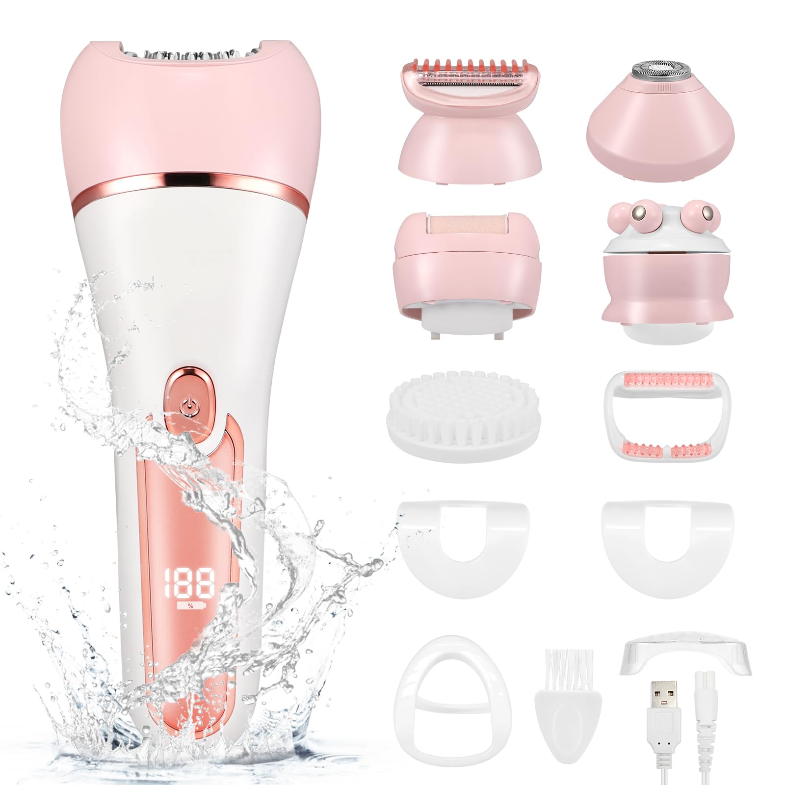 Epilatore Elettrico 6 in 1 Donna Viso Senza Fili - Display LED Ricaricabile Wet and Dry Con Spazzola Esfoliante, Pulizia e Testa Massaggio (Rosa)