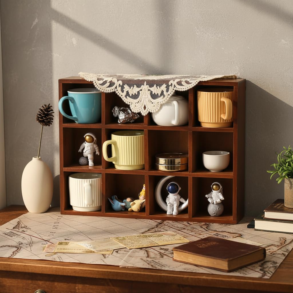HEEPDD Holz-Wandregal, Vintage-Design mit 12 Fächern und glänzenden Kanten, stabiles Tassenregal für Sammlerfiguren, Tassen und Deko – ideal für Wohnzimmer, Küche, Büro und Geschenke